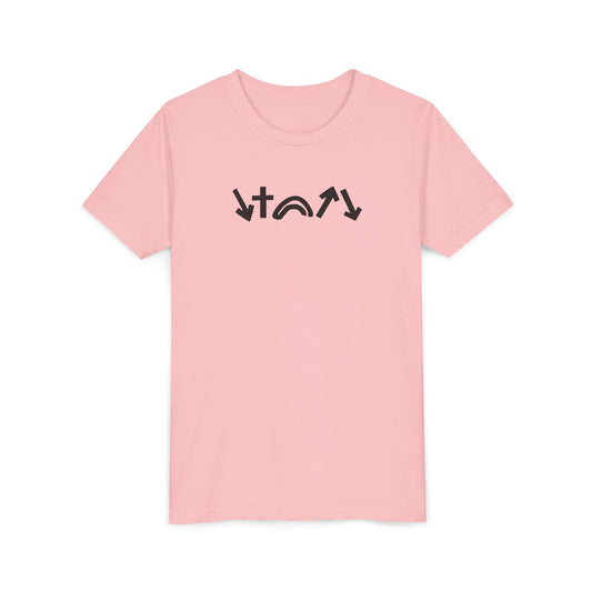 Pink t-shirt with black text design on a white background