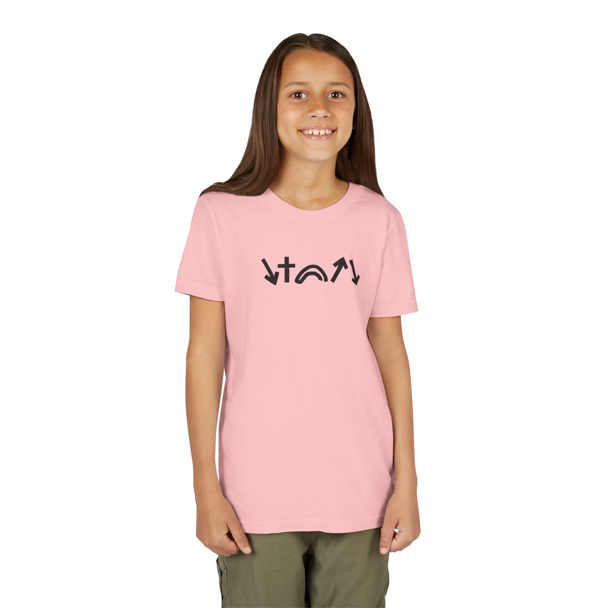 Young girl wearing a pink t-shirt with a black logo on a white background