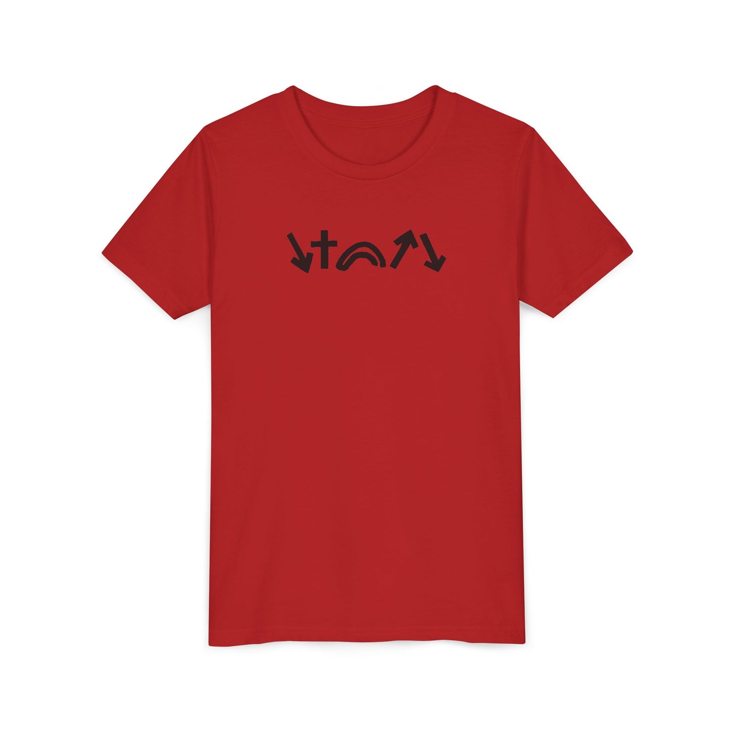 Red t-shirt with black graphic design on a white background