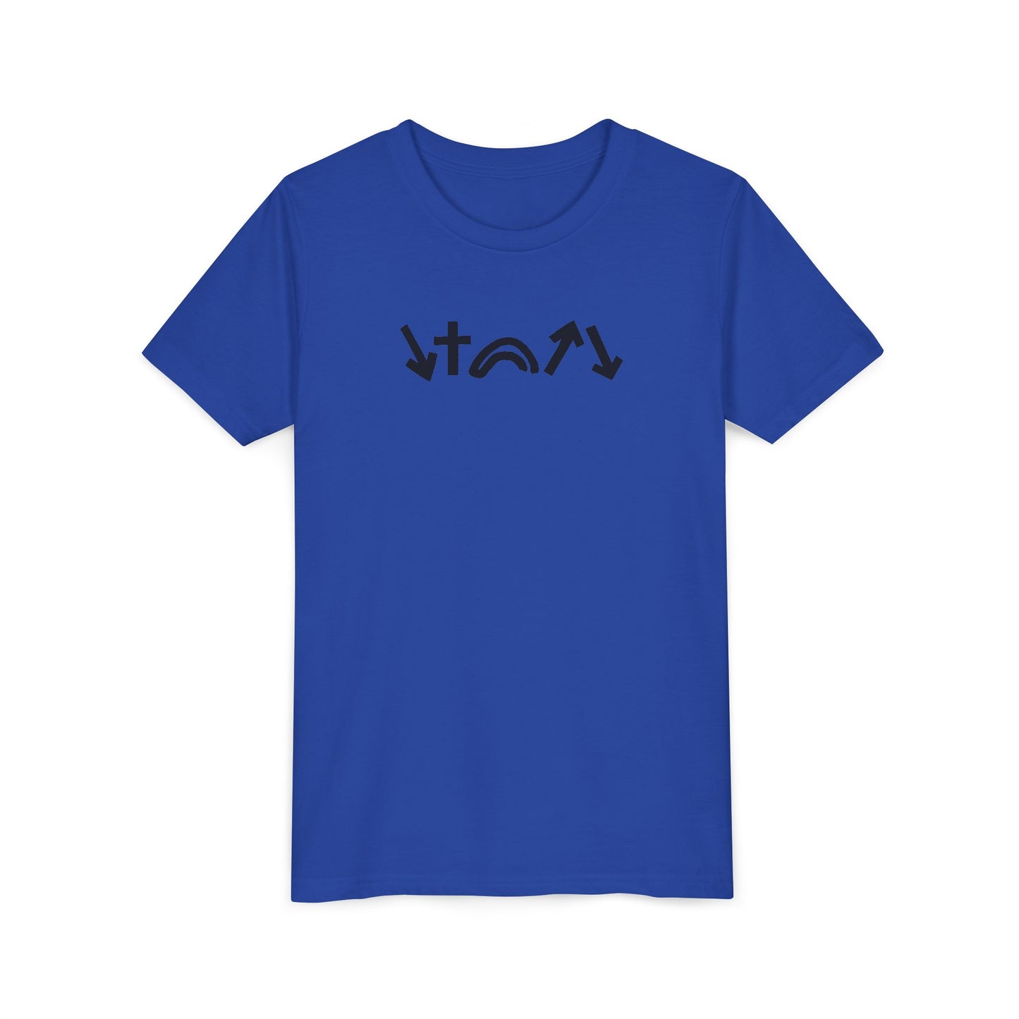 Blue t-shirt with black text on a white background