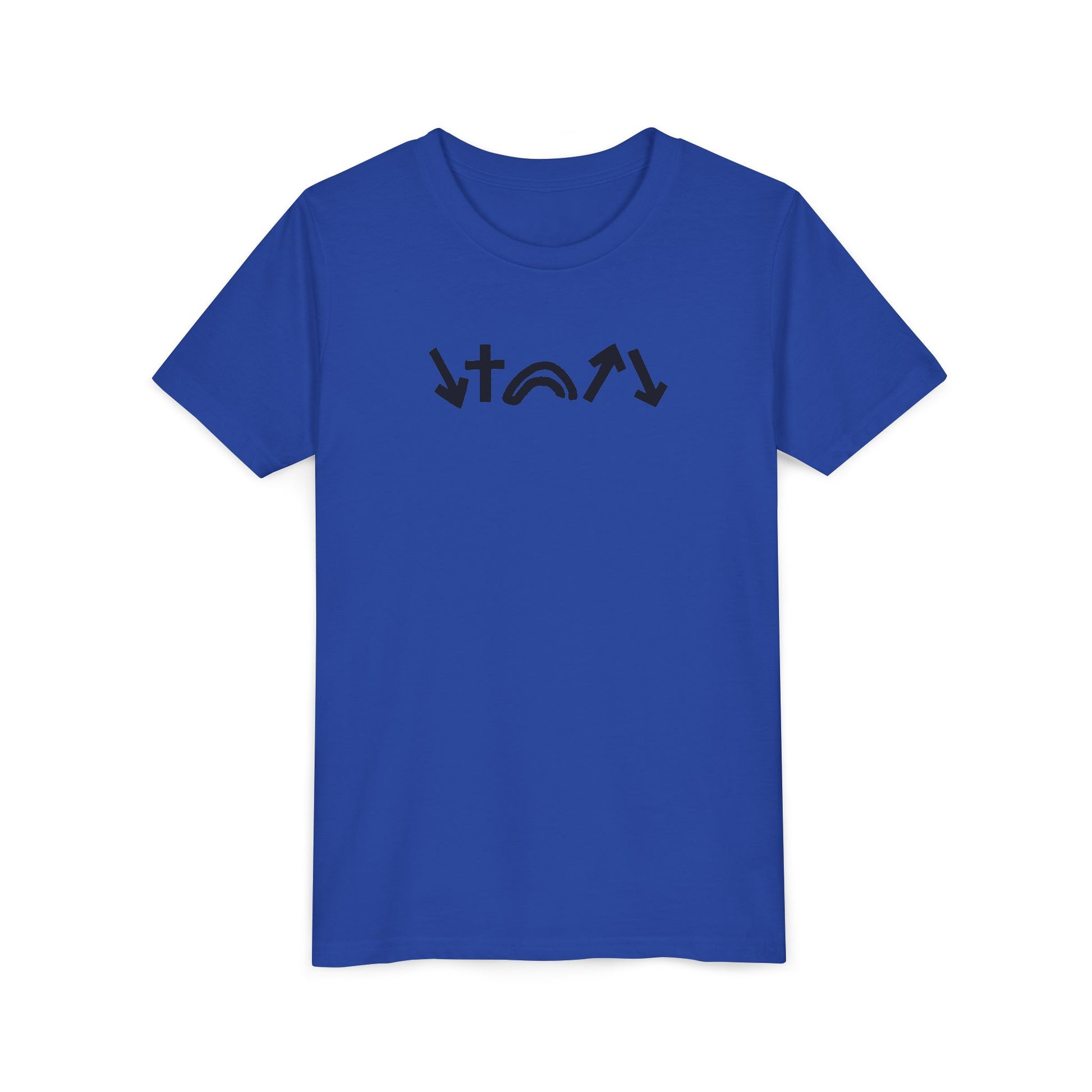 Blue t-shirt with black text on a white background