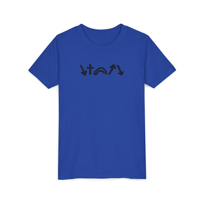Blue t-shirt with black text on a white background