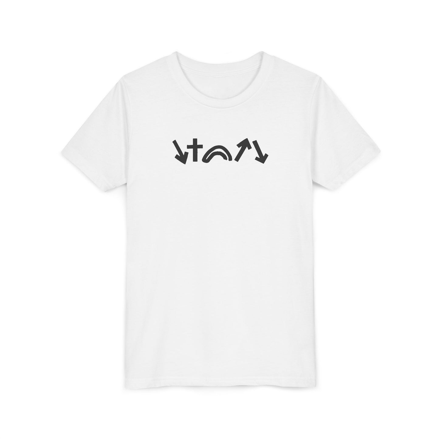 White t-shirt with black abstract design on a white background