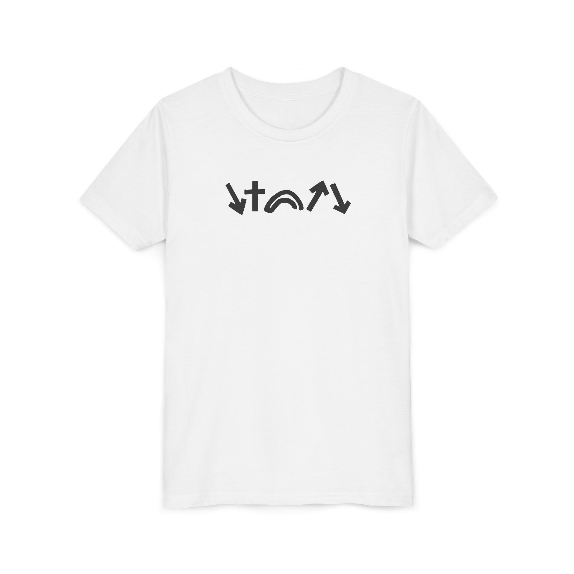 White t-shirt with black abstract design on a white background