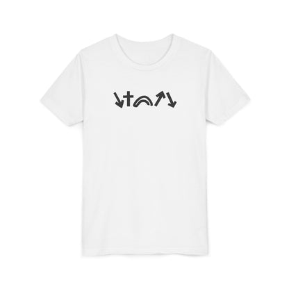 White t-shirt with black abstract design on a white background