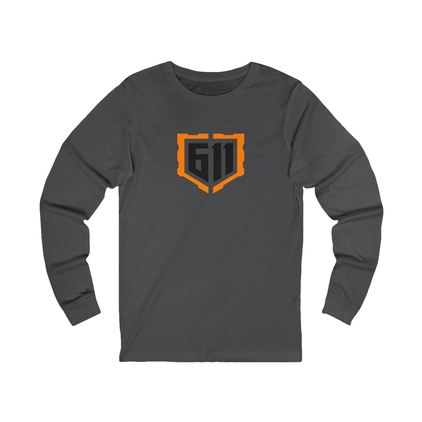 Gray long-sleeve shirt with an orange and black logo on a white background