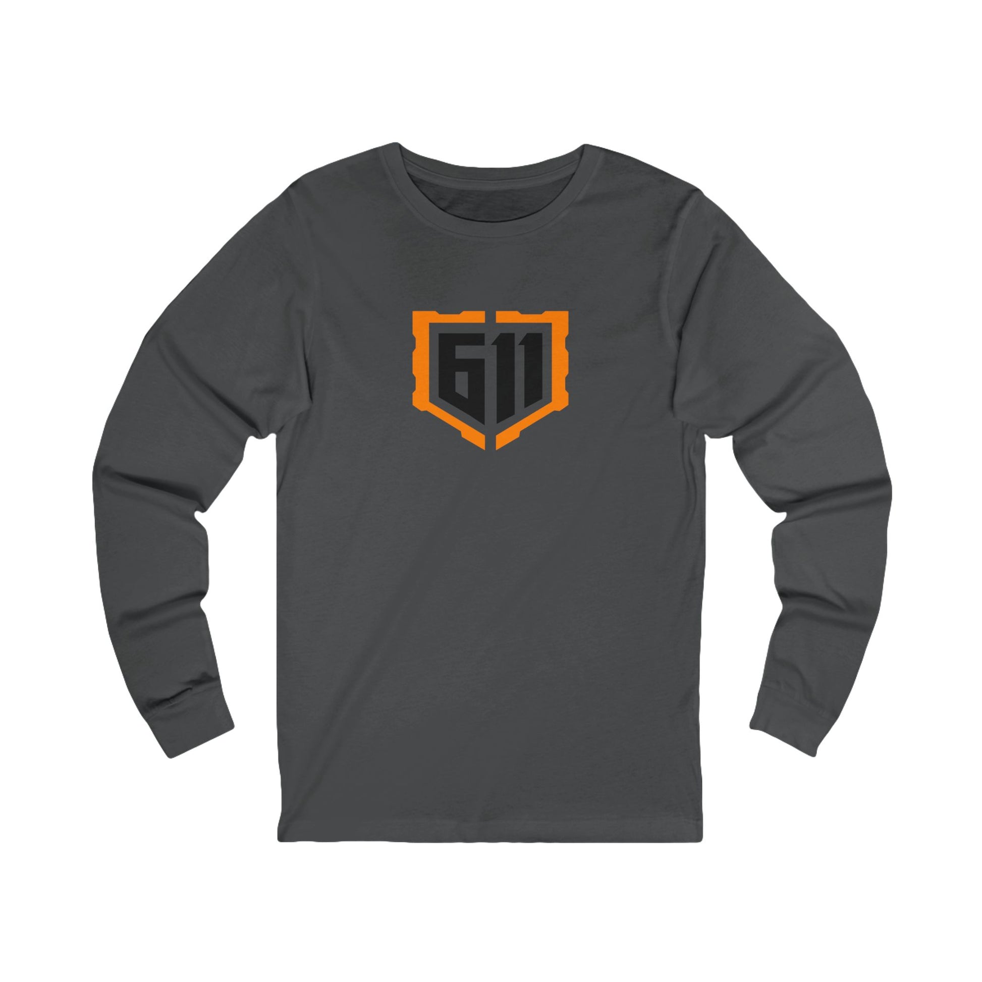 Gray long-sleeve shirt with an orange and black logo on a white background