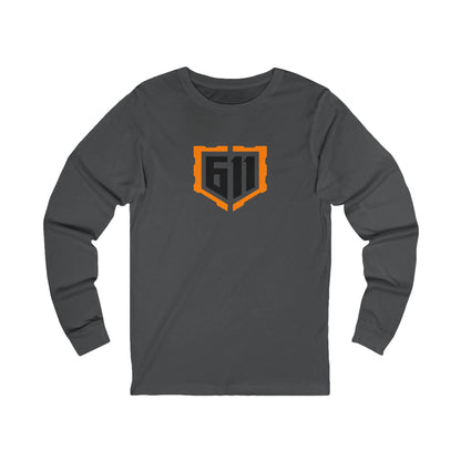 Gray long-sleeve shirt with an orange and black logo on a white background