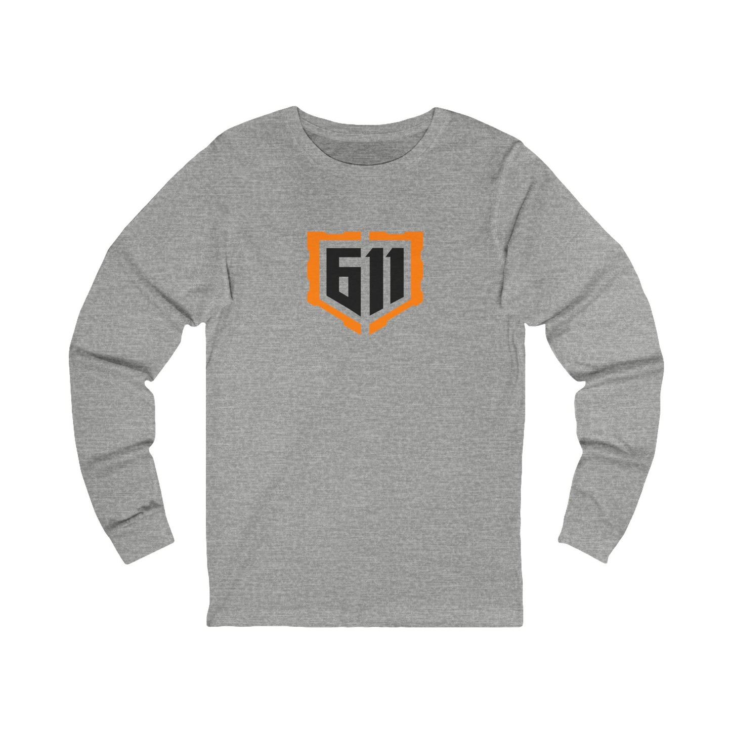 Gray long-sleeve shirt with an orange logo on a white background