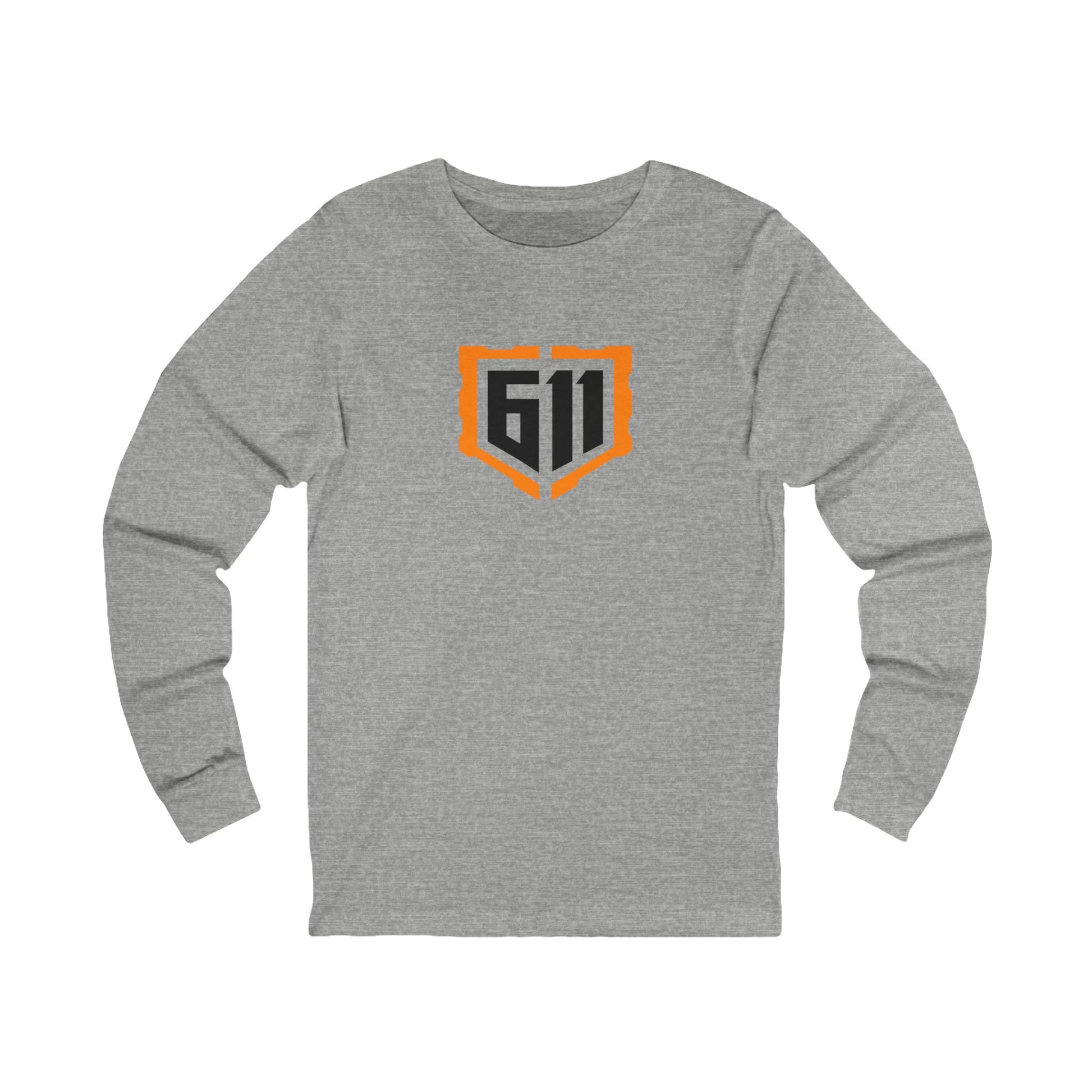 Gray long-sleeve shirt with an orange logo on a white background