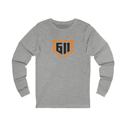 Gray long-sleeve shirt with an orange logo on a white background
