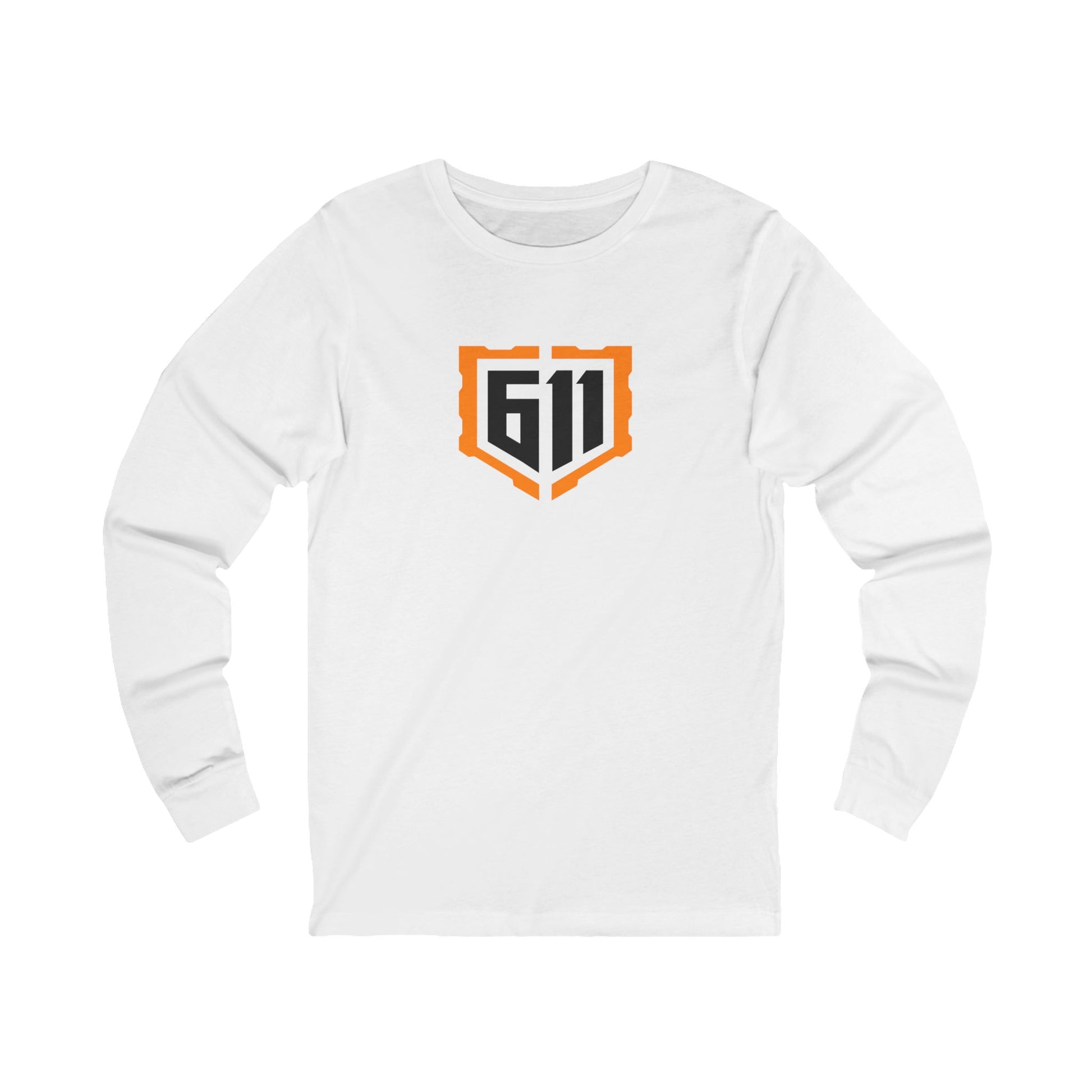 White long-sleeve shirt with a logo on a white background