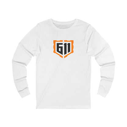 White long-sleeve shirt with a logo on a white background