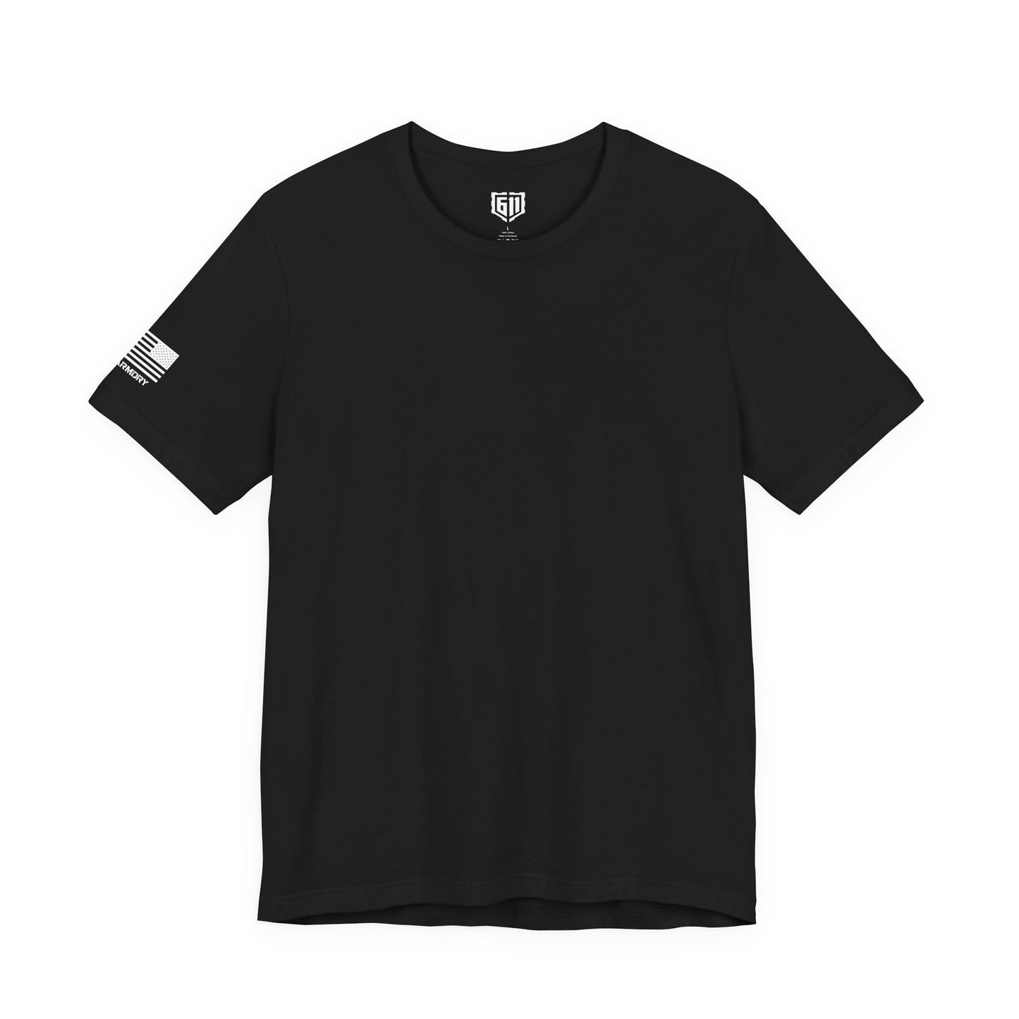 Black t-shirt with a Flag and 611Armory logo on the sleeve against a white background