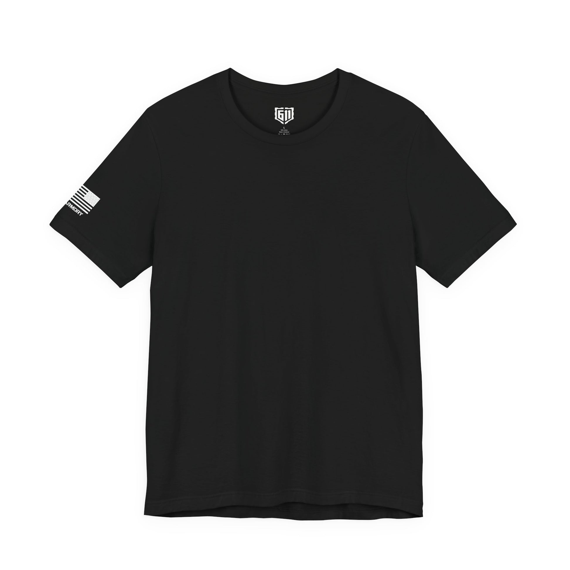 Black t-shirt with a Flag and 611Armory logo on the sleeve against a white background