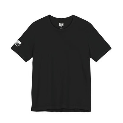 Black t-shirt with a Flag and 611Armory logo on the sleeve against a white background
