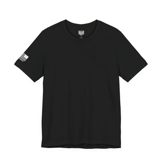 Black t-shirt with a Flag and 611Armory logo on the sleeve against a white background