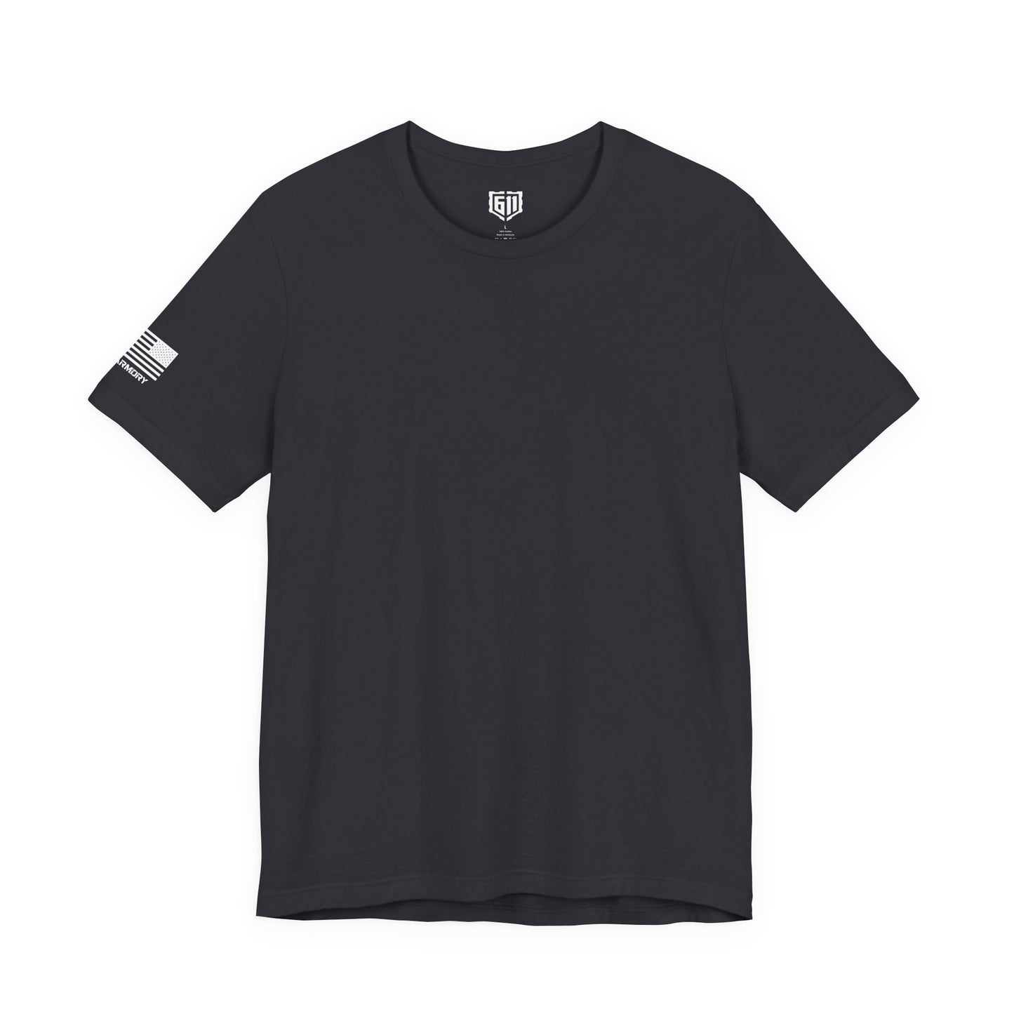 Dark Gray t-shirt with a small flag sleeve design on a white background