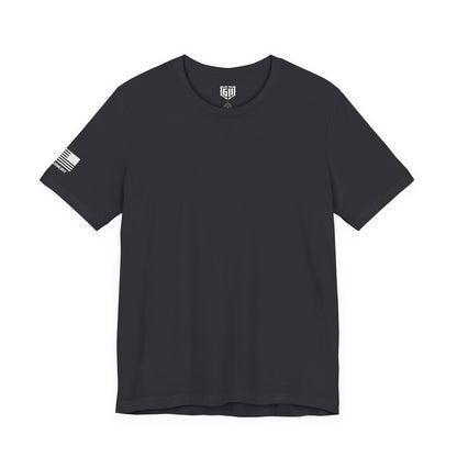 Dark Gray t-shirt with a small flag sleeve design on a white background
