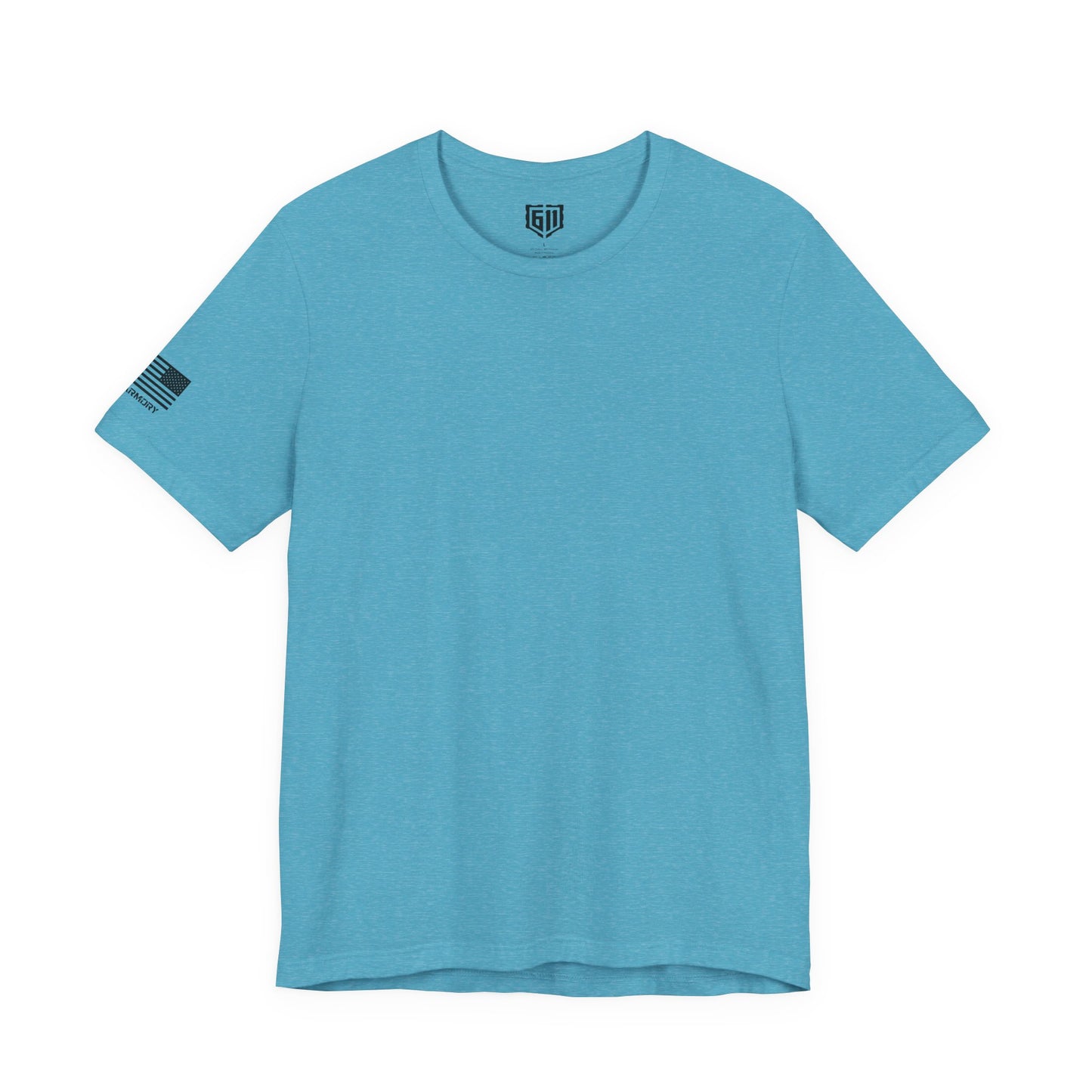 Blue t-shirt with a US Flag and small logo on the sleeve against a white background