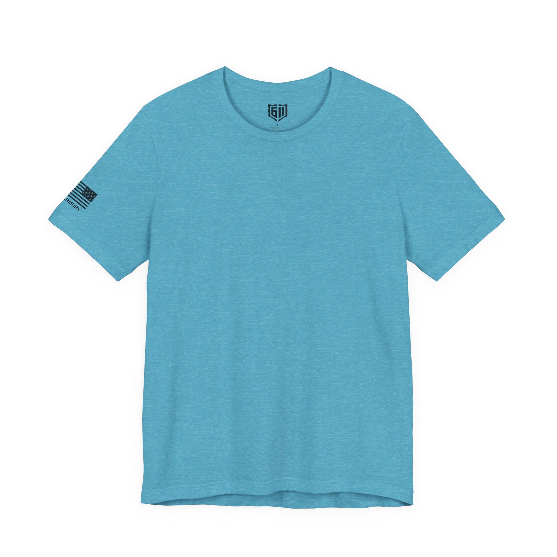 Blue t-shirt with a US Flag and small logo on the sleeve against a white background