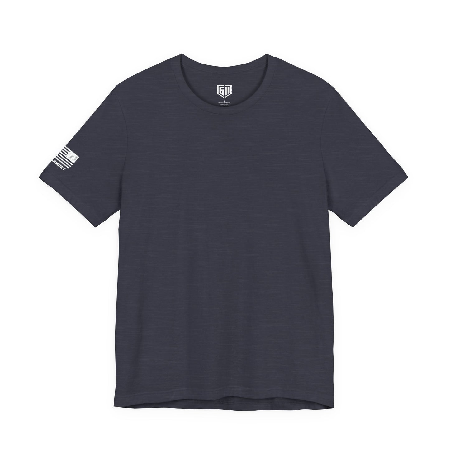 Navy blue t-shirt with a small logo on the sleeve against a white background