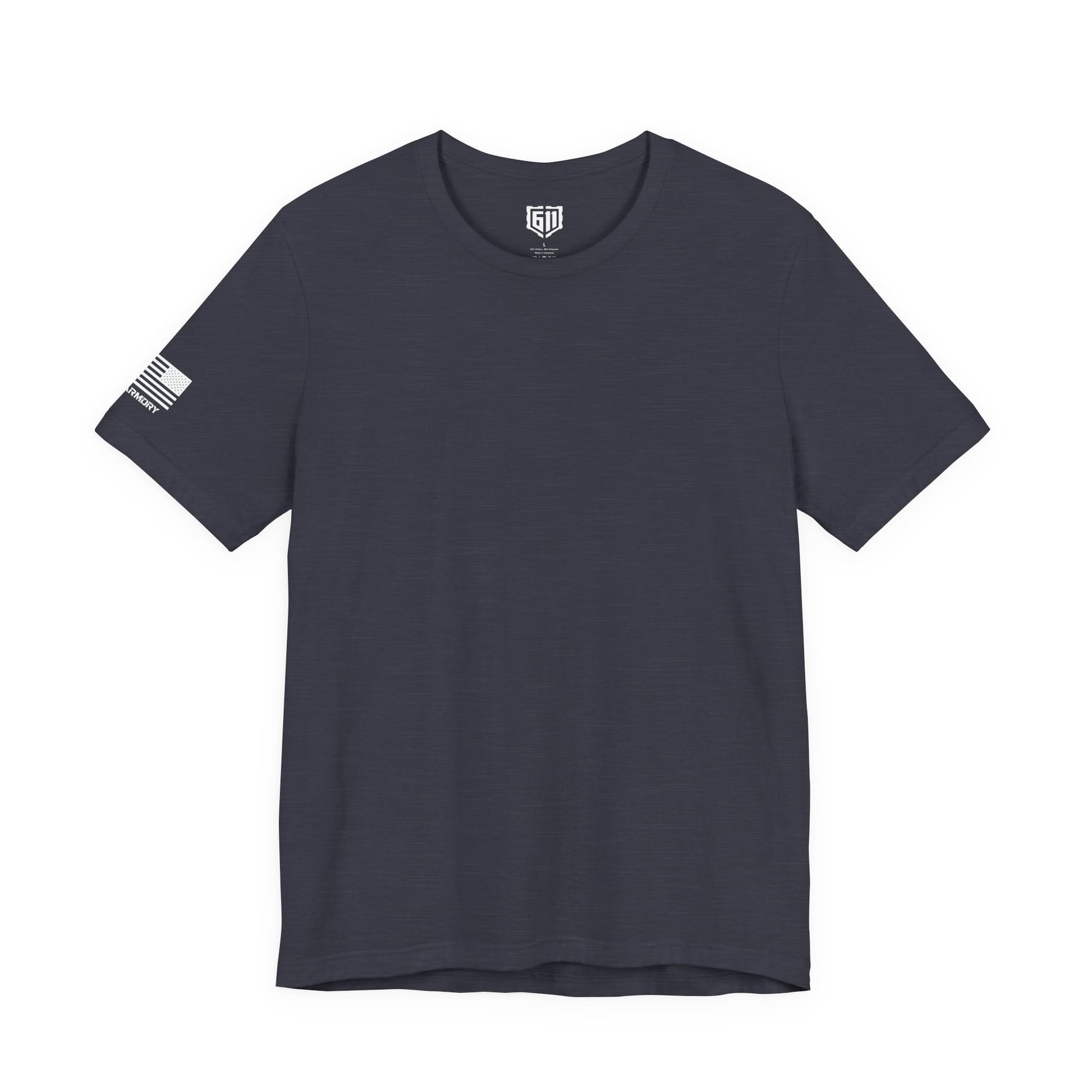 Navy blue t-shirt with a small logo on the sleeve against a white background
