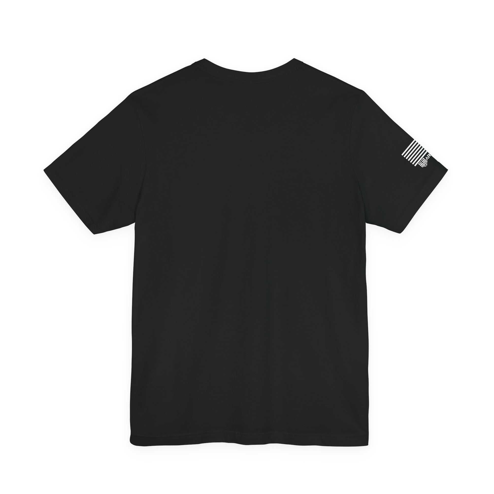 Raar of Black t-shirt with a small flag design on the sleeve against a white background