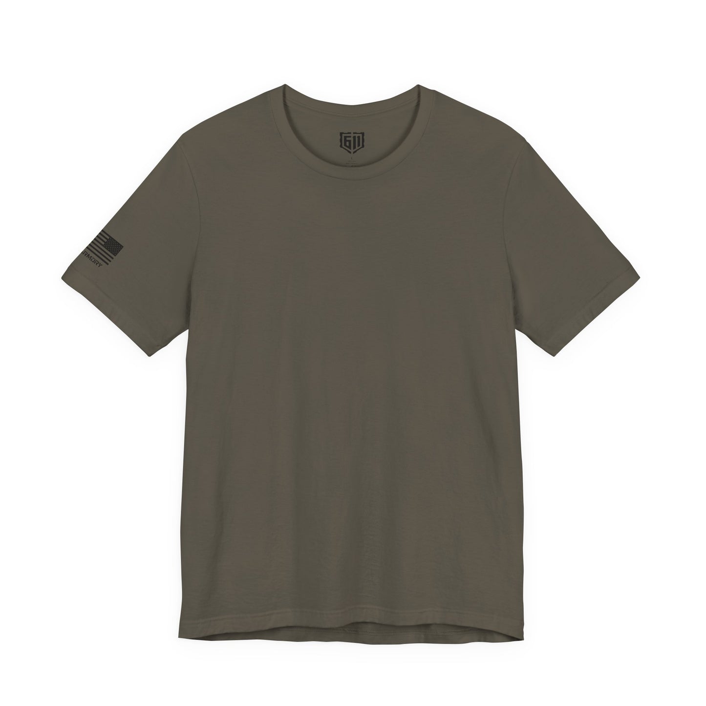 Olive green t-shirt with a small logo on the sleeve against a white background