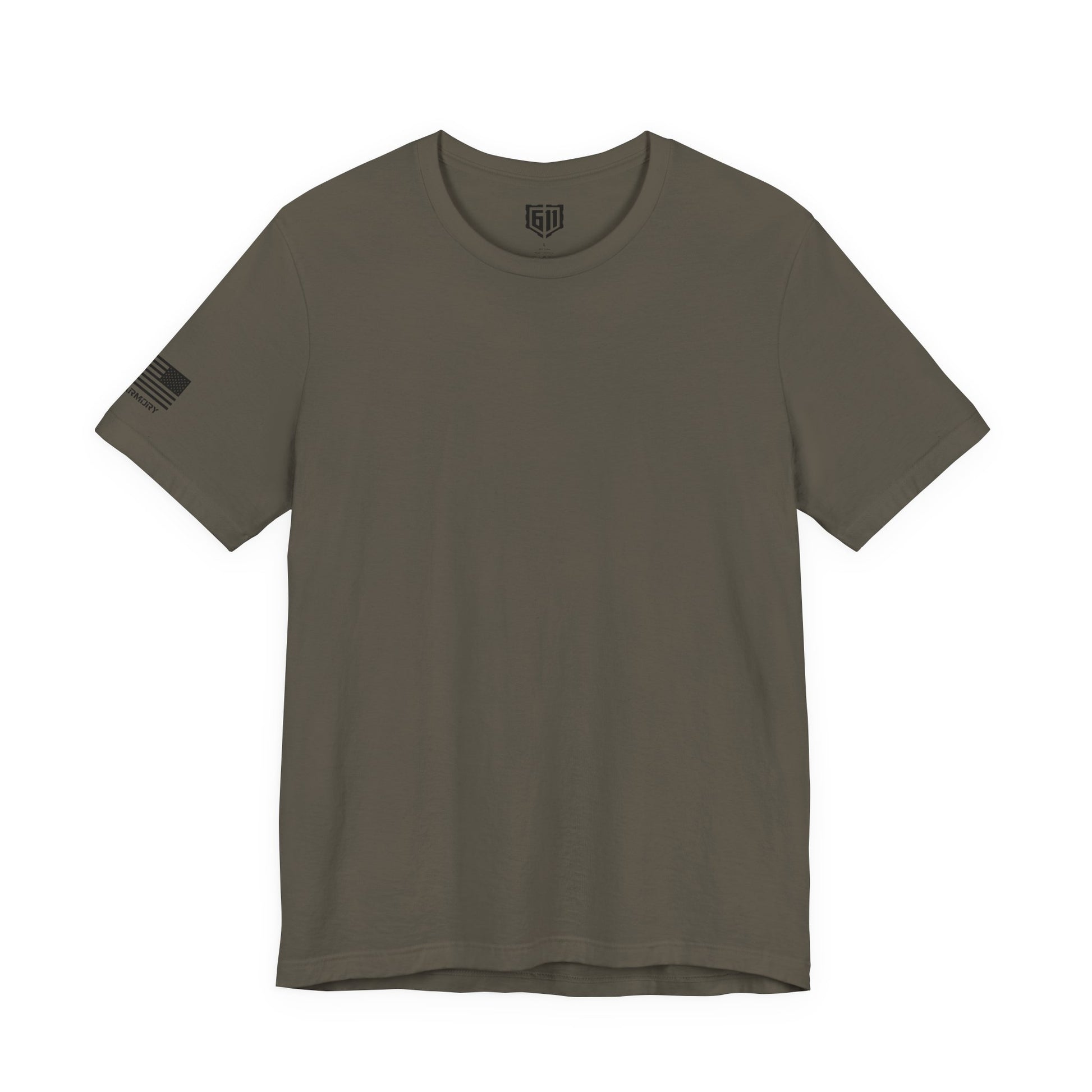 Olive green t-shirt with a small logo on the sleeve against a white background