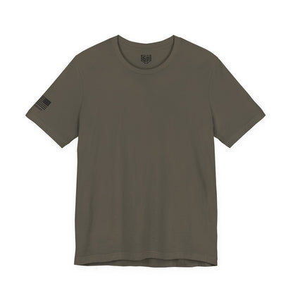Olive green t-shirt with a small logo on the sleeve against a white background