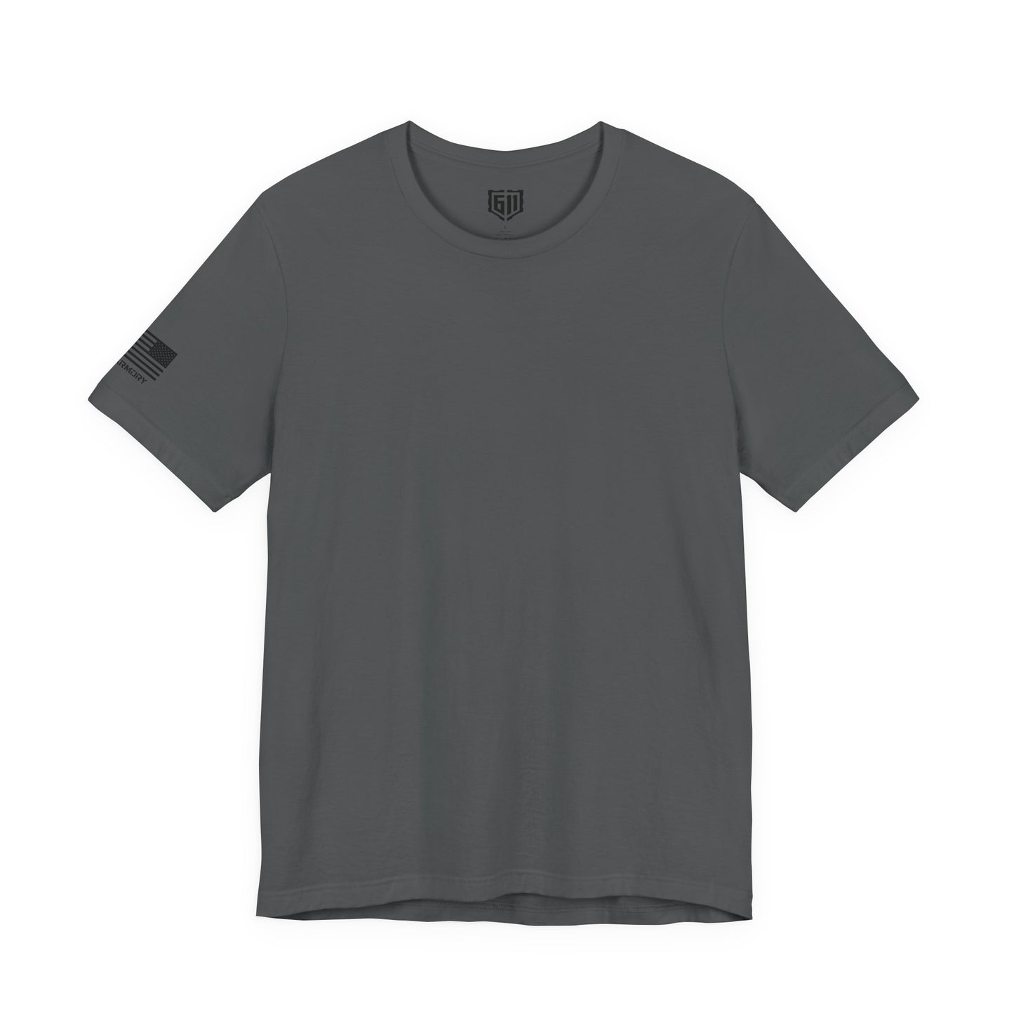 Gray t-shirt with a small logo on a white background