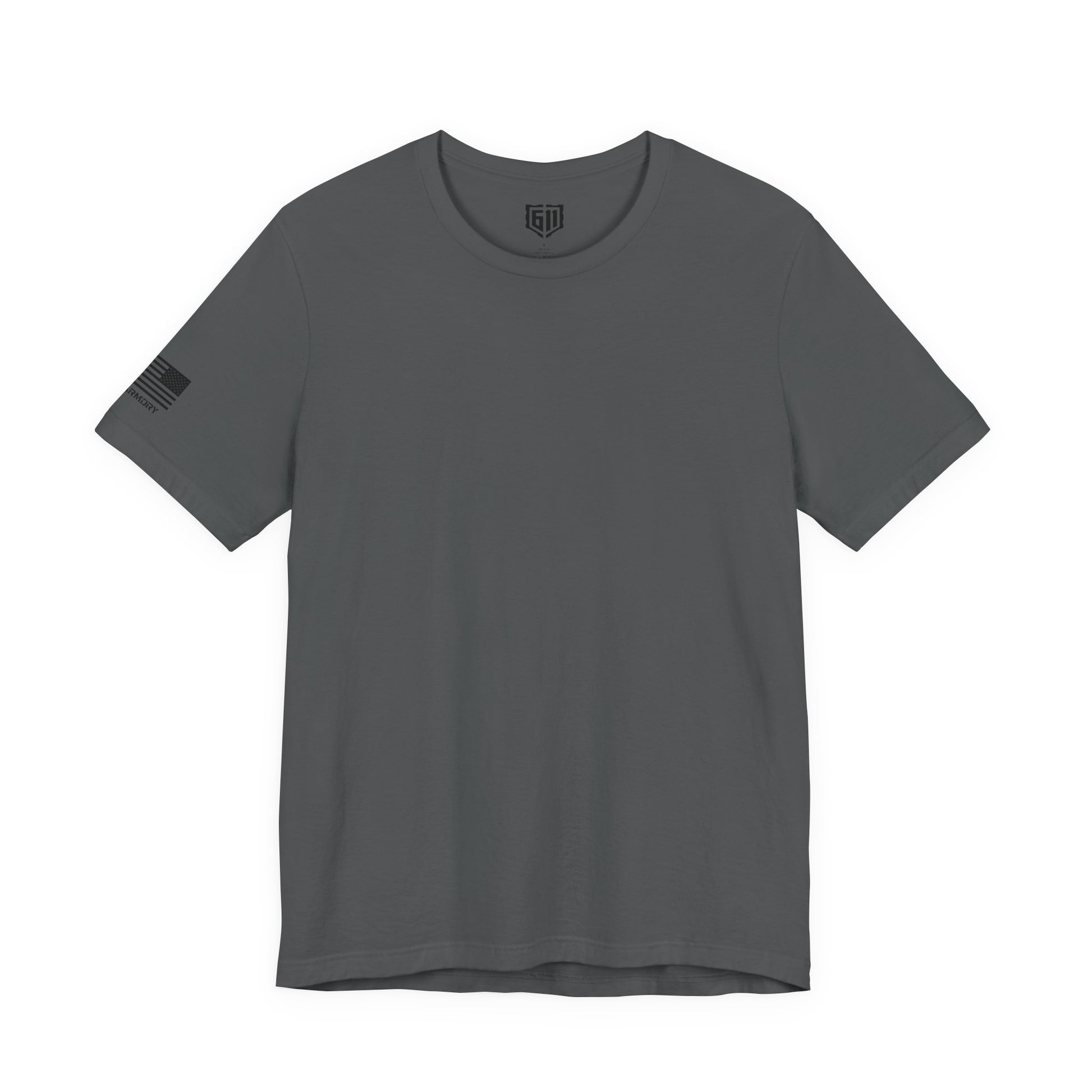 Gray t-shirt with a small logo on a white background