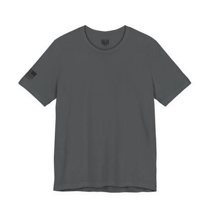 Gray t-shirt with a small logo on a white background