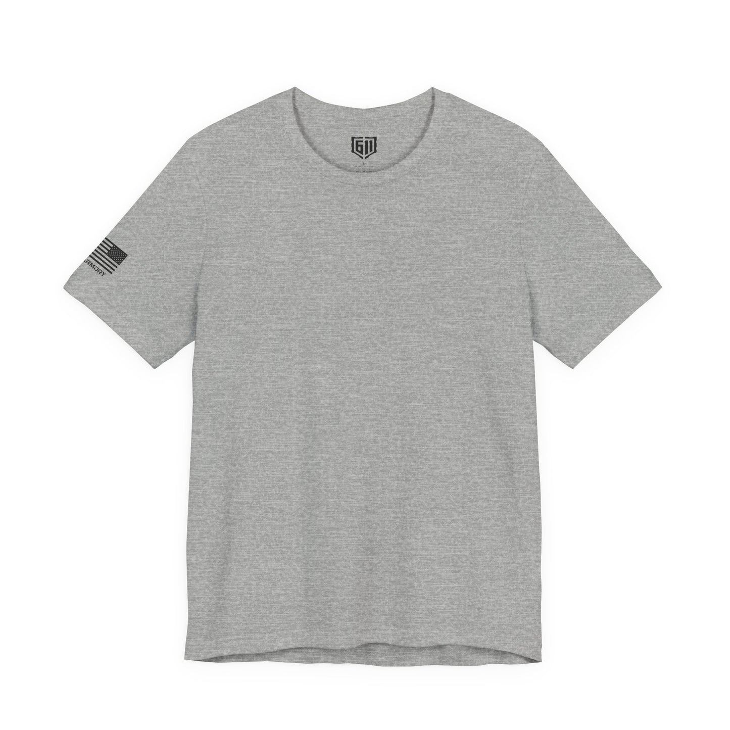 Gray t-shirt with a US Flag and small logo on the sleeve against a white background