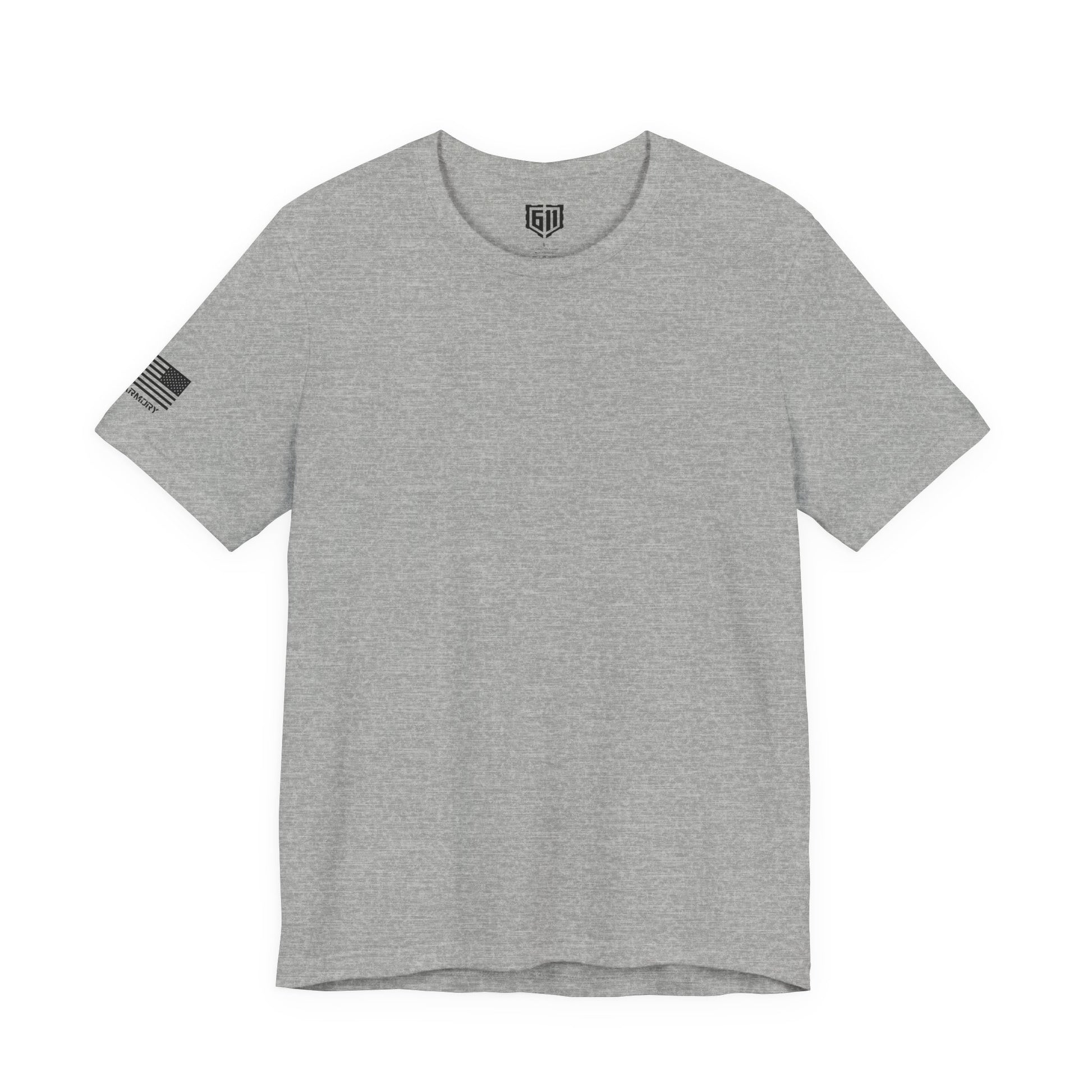 Gray t-shirt with a US Flag and small logo on the sleeve against a white background