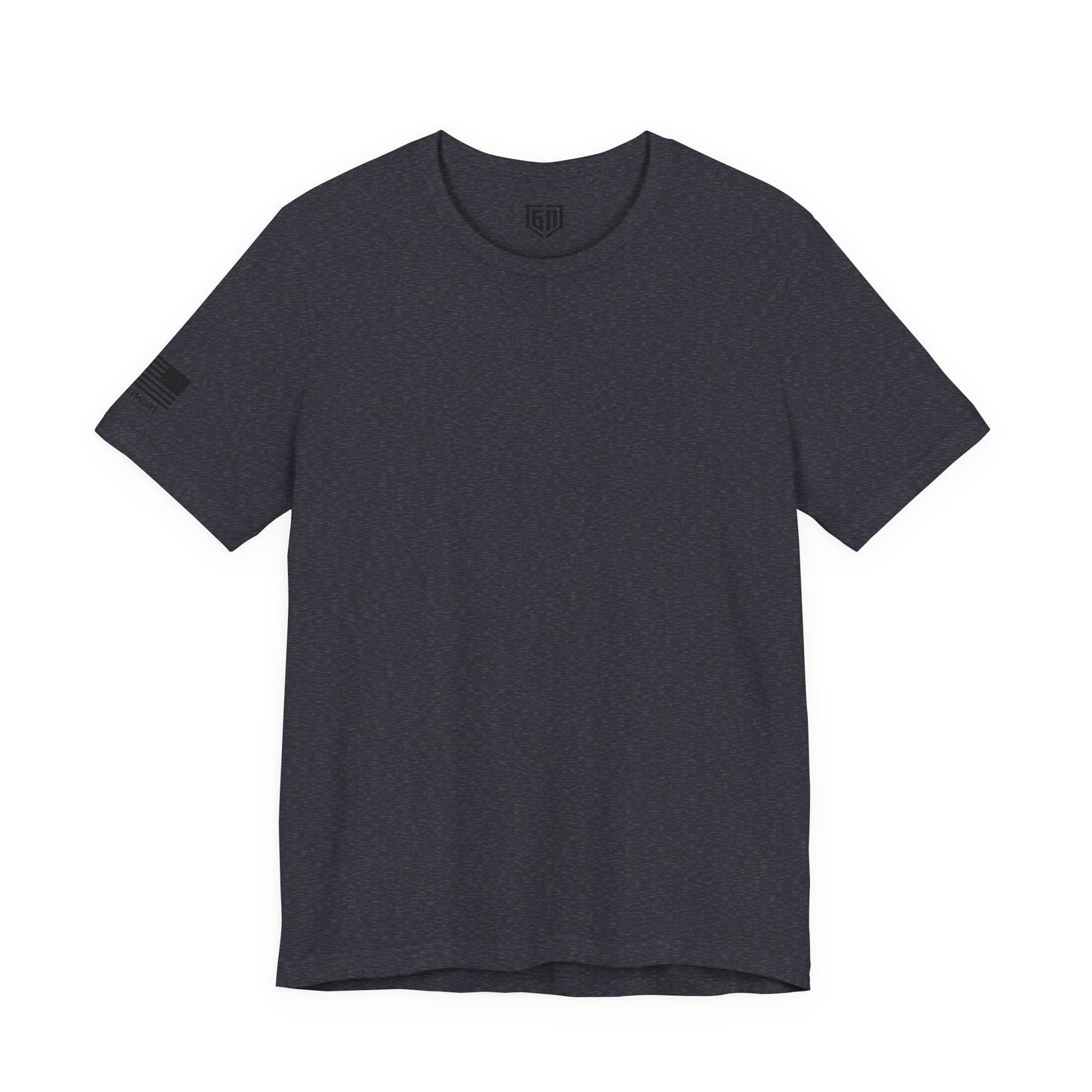 Heather Navy t-shirt with a Flag and logo on the sleeve against a white background