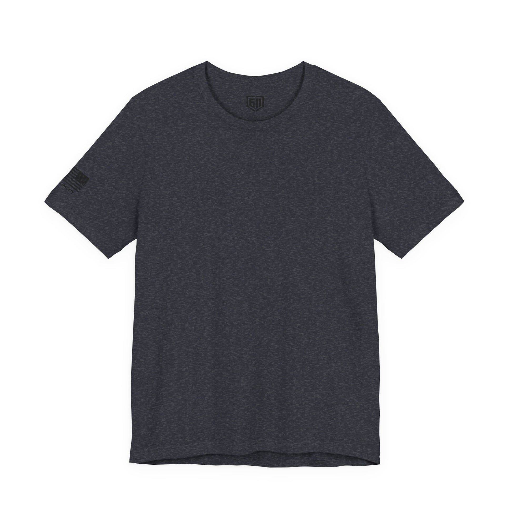 Heather Navy t-shirt with a Flag and logo on the sleeve against a white background