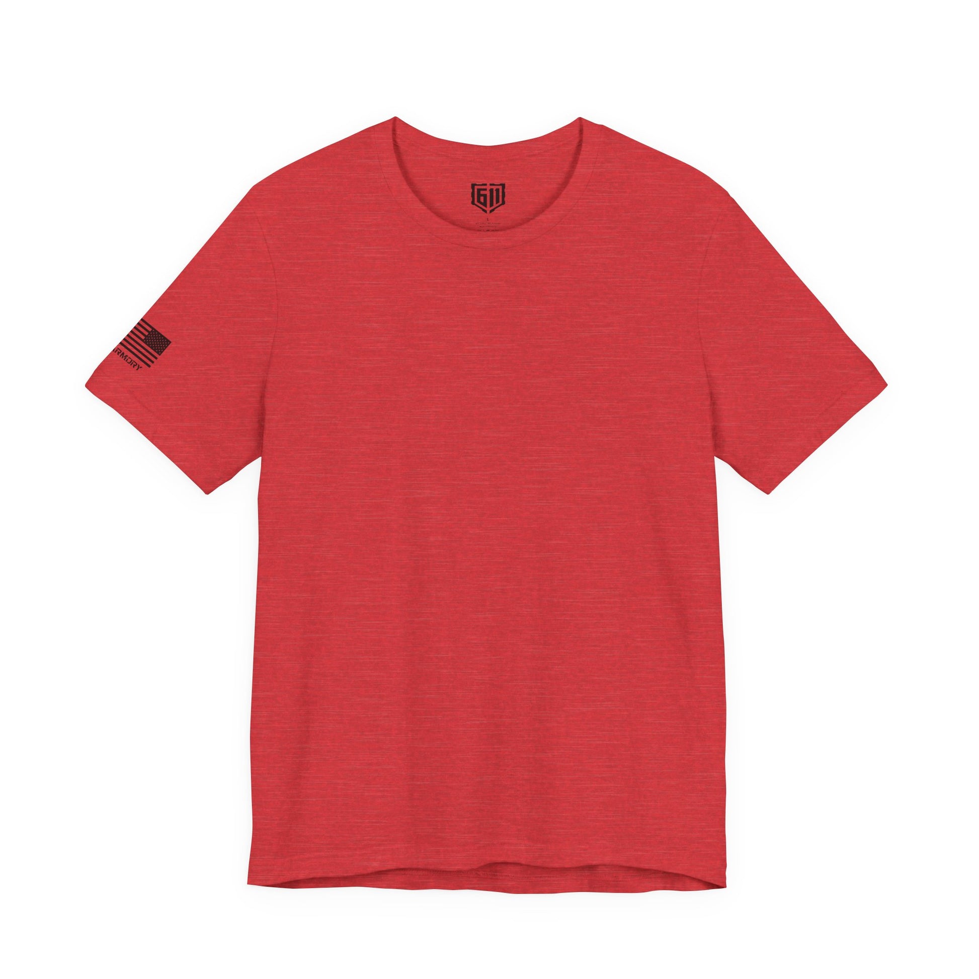 Red t-shirt with a logo on the chest and sleeve against a white background