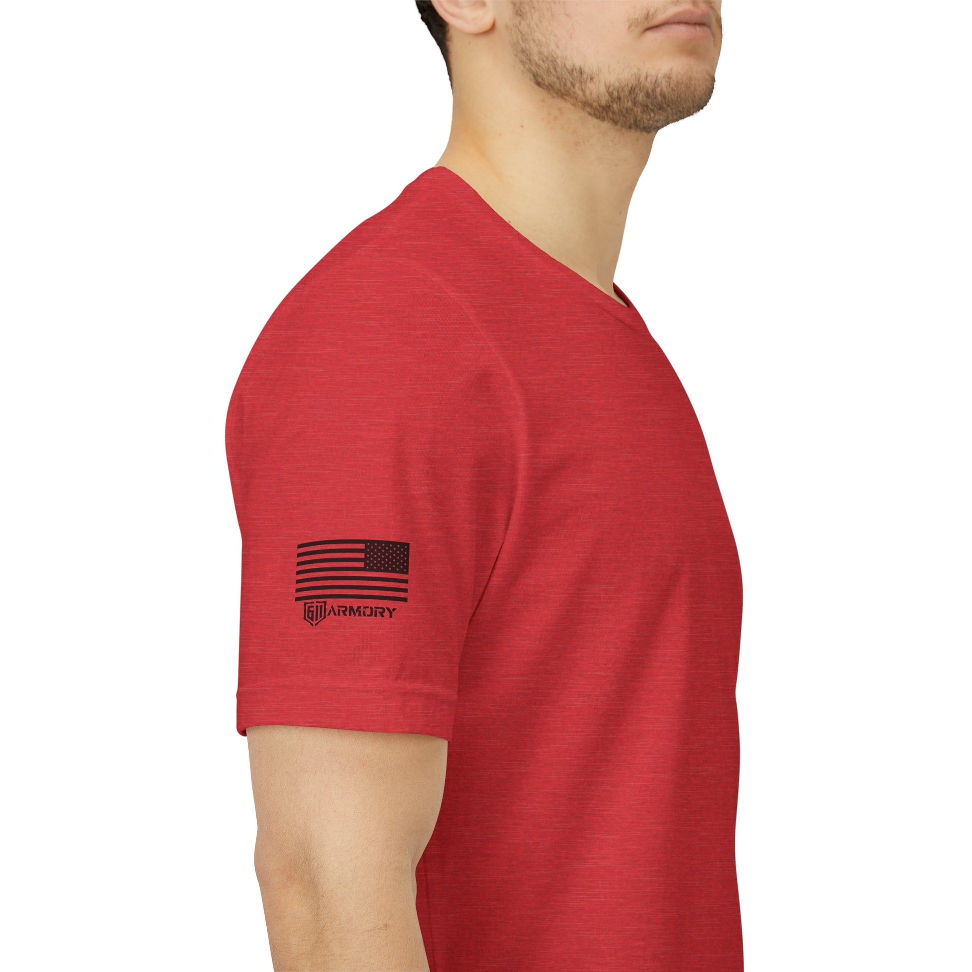 Red t-shirt with a logo on the sleeve worn by a person, white background