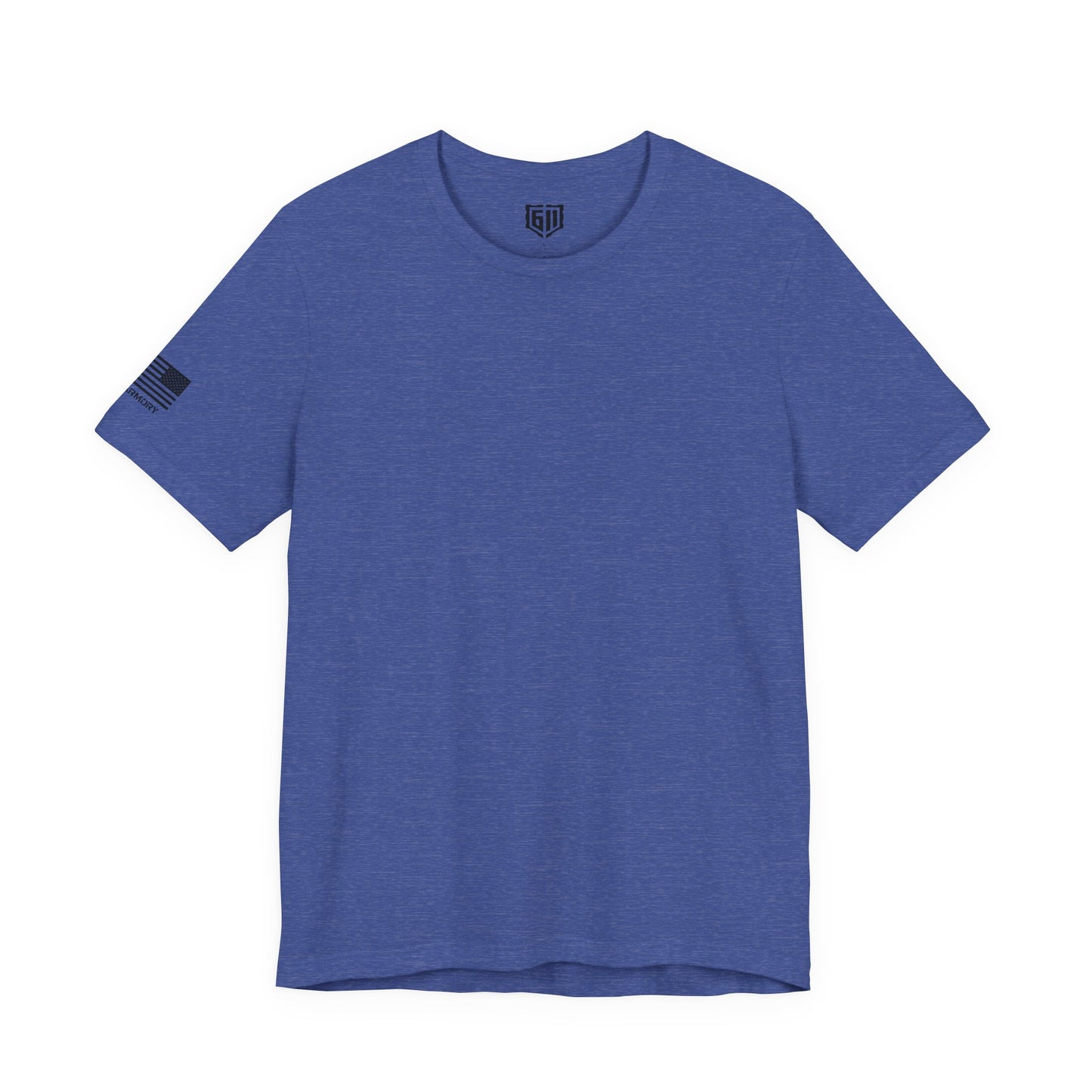 Blue t-shirt with a small logo on the sleeve against a white background