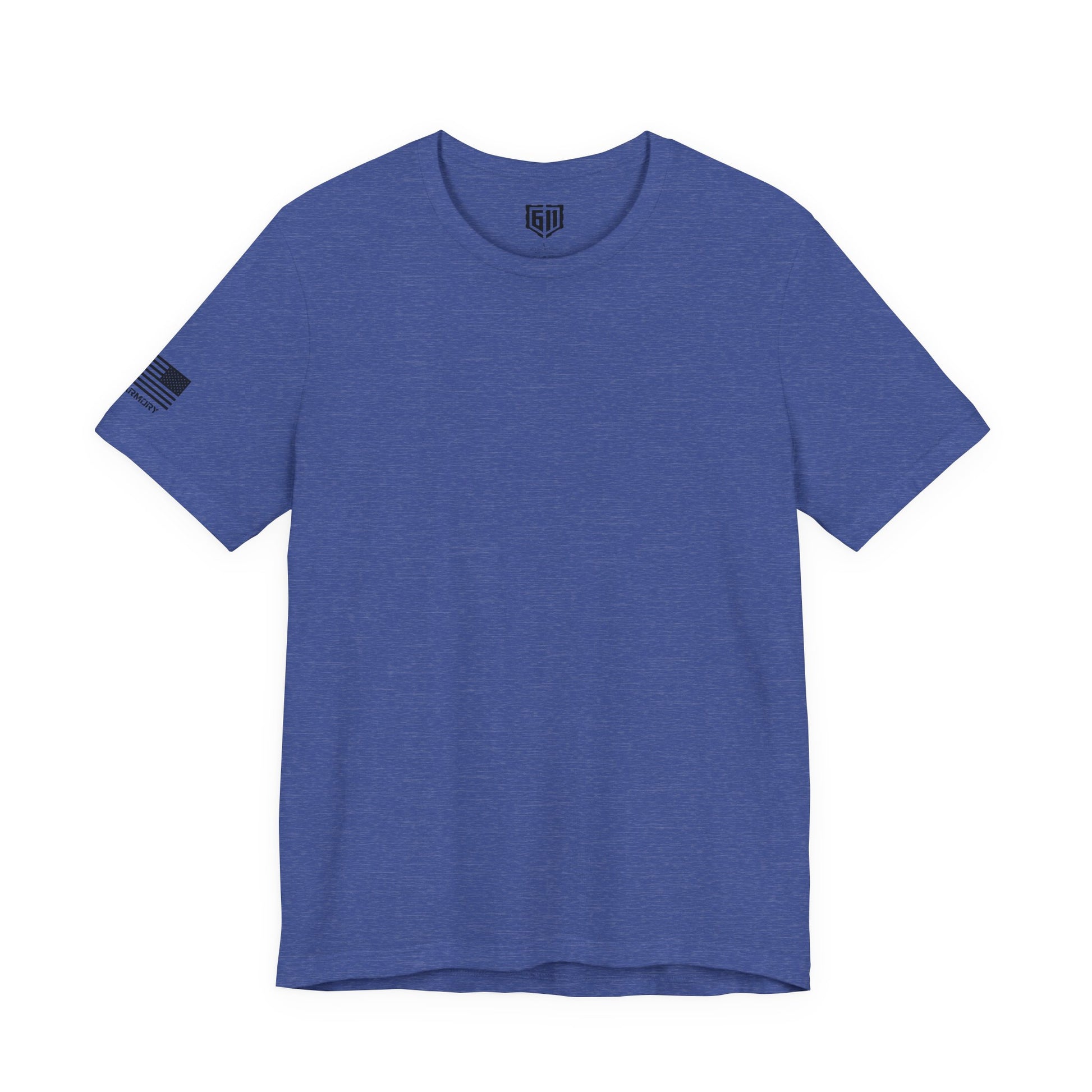 Blue t-shirt with a small logo on the sleeve against a white background
