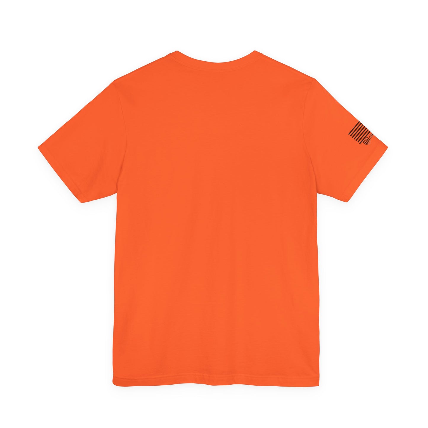 Rear Orange t-shirt with a small flag patch on the sleeve against a white background