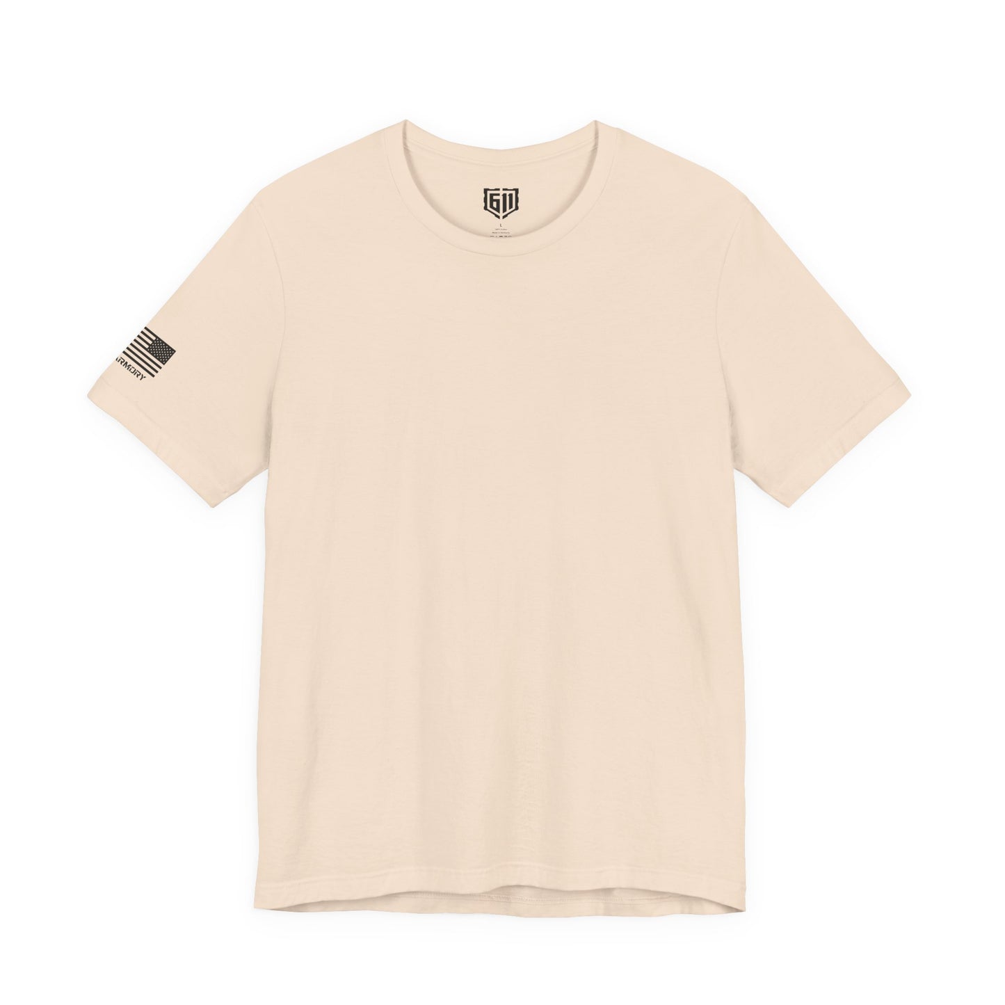 Beige t-shirt with a US Flag and logo on the left sleeve against a white background