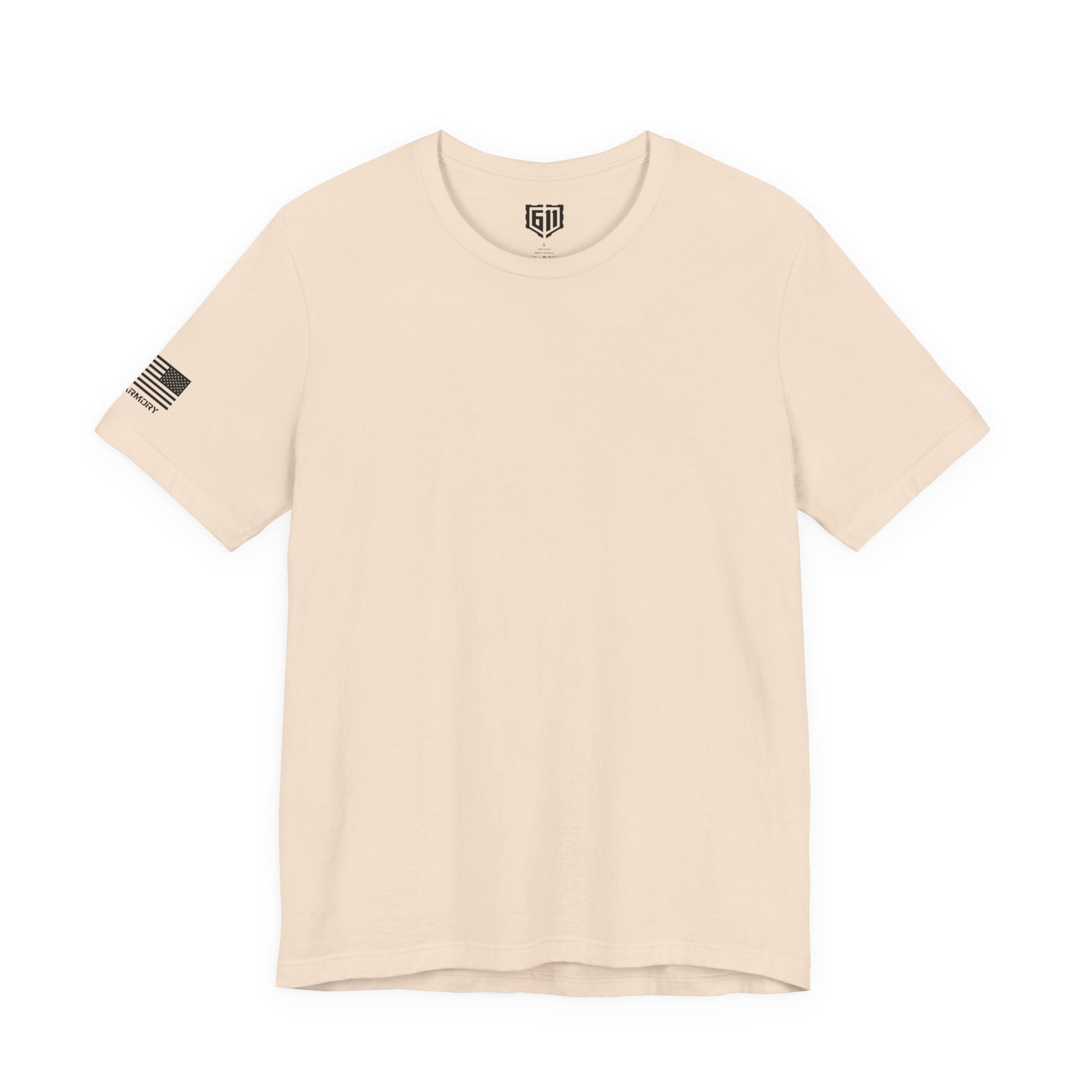 Beige t-shirt with a US Flag and logo on the left sleeve against a white background