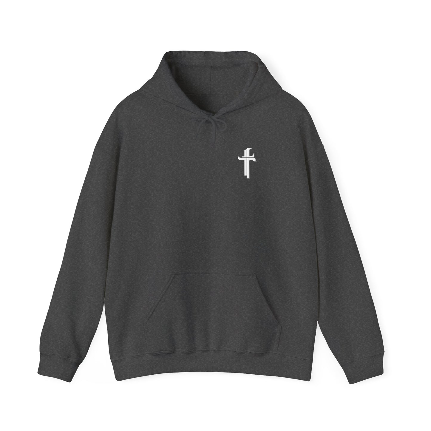 A gray hoodie with a small logo on the upper left front side, featuring a hood with a drawstring, a kangaroo pocket, and long sleeves.