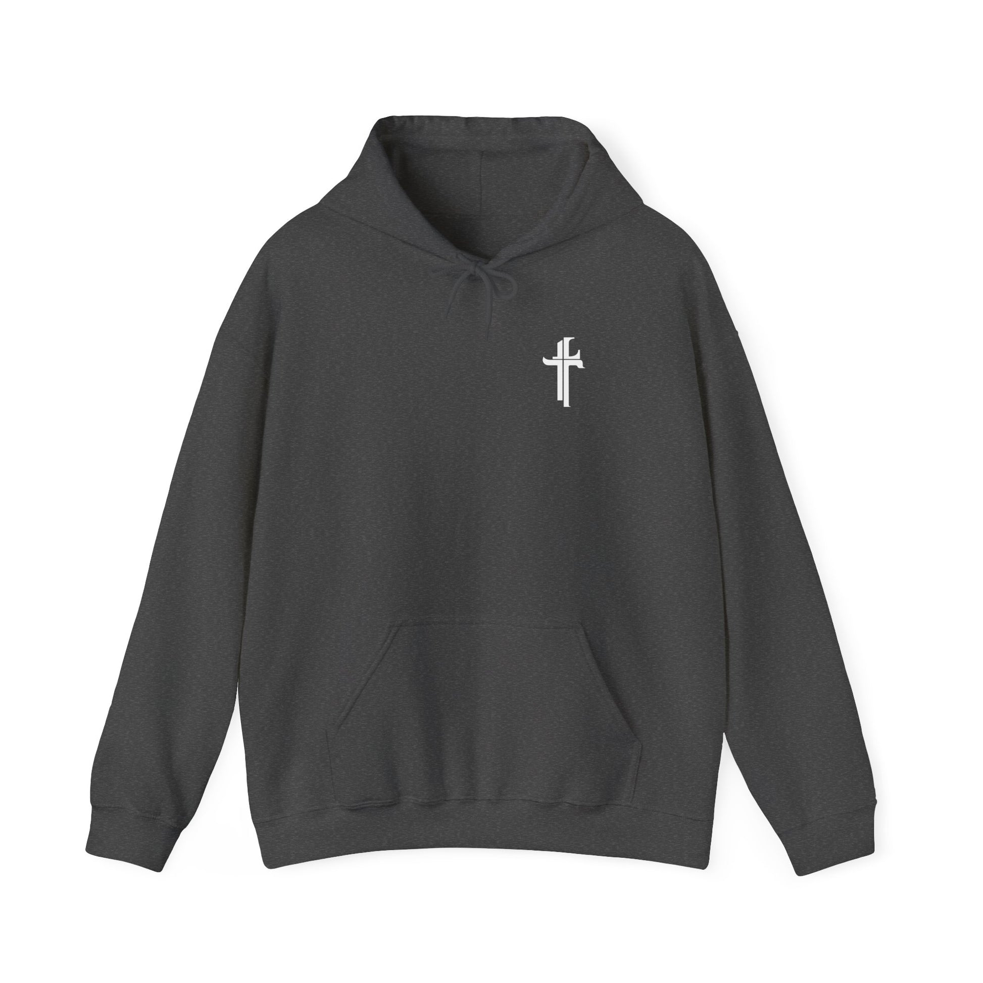 A gray hoodie with a small logo on the upper left front side, featuring a hood with a drawstring, a kangaroo pocket, and long sleeves.