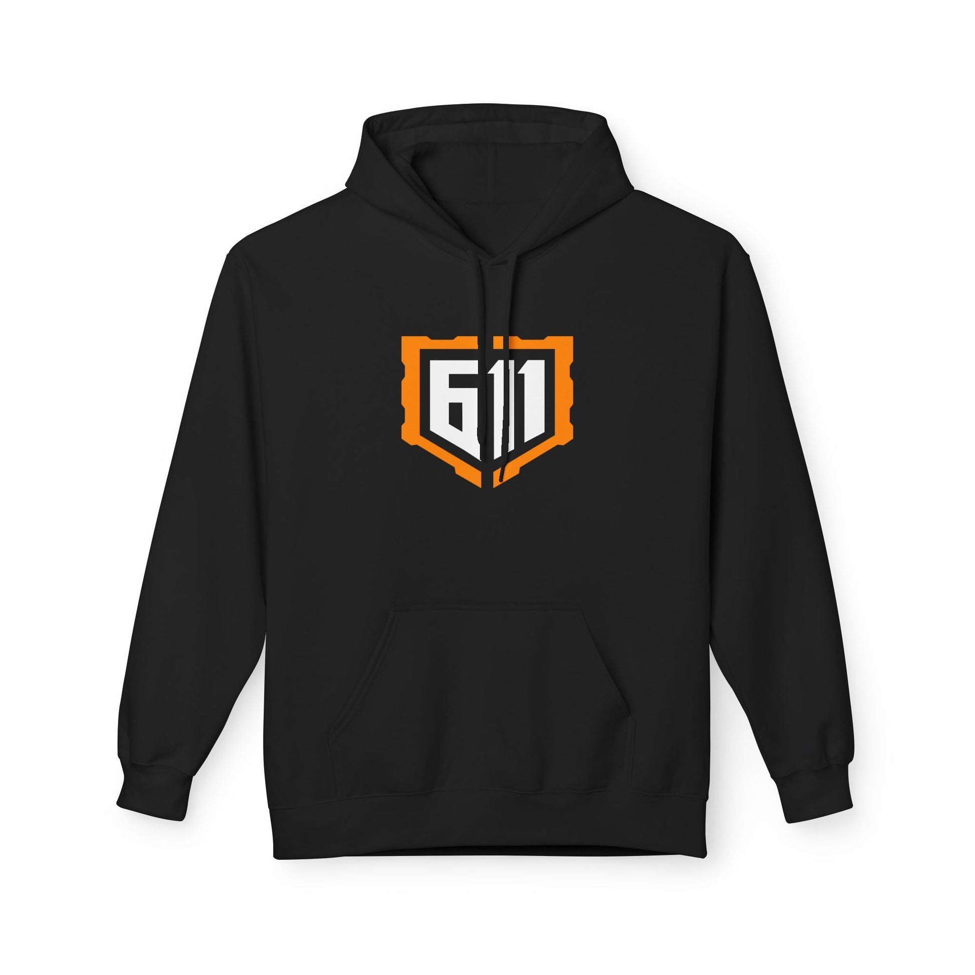 Black hoodie with a logo on the chest against a white background