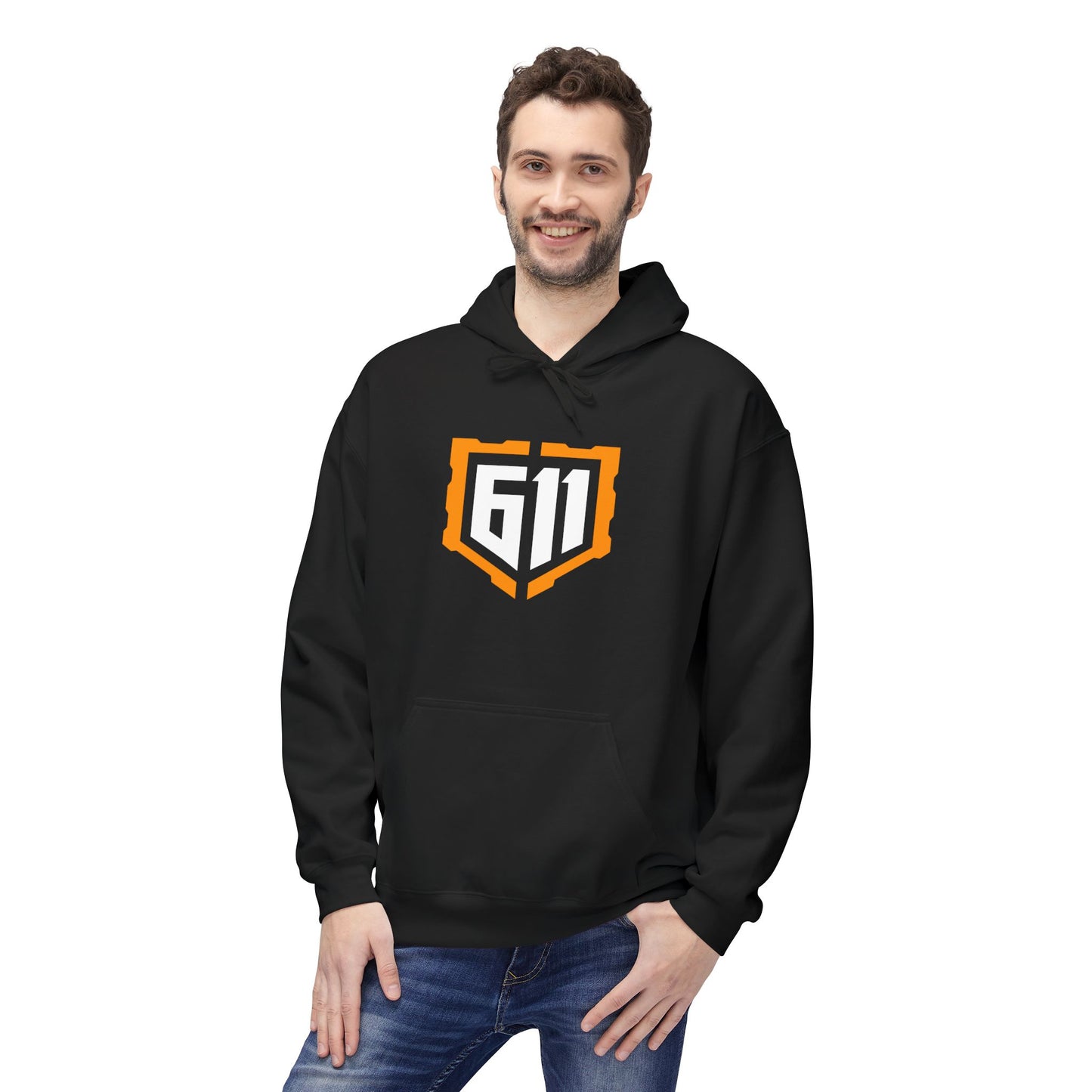 Person wearing a black hoodie with a logo on a white background
