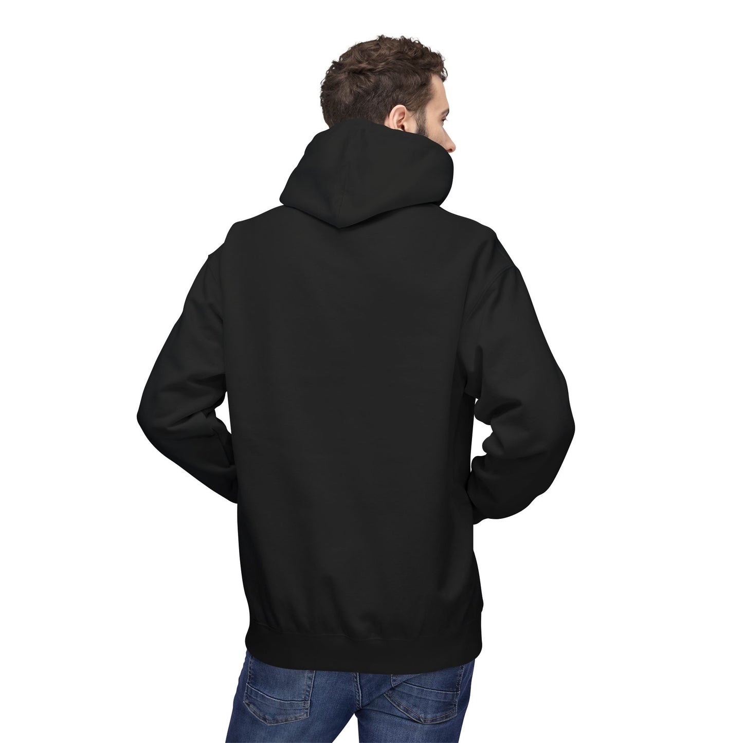 Person wearing a black hoodie from behind on a white background